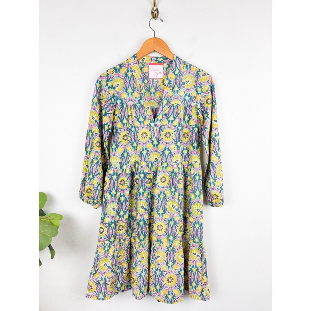 Mare Sea Flower Print Long Sleeve Tiered Mini Sun Dress Sz XS